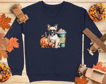 Bonita sudadera infantil con diseño de bulldog francés y café con leche con especias de calabaza, regalo para niños con cachorros otoñales y café, camiseta de otoño para amantes del fútbol y los perros.
