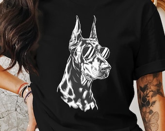 Stylish Doberman Dog Wearing Sunglasses T-Shirt Sweatshirt or Hoodie, Cool Dog Trendy Dog Lover Unique Pet Unisex Gift, Doberman Family Gift
