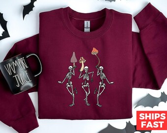 Sweat-shirt champignon Halloween dansant squelettes, vêtements d'automne amusants, chemise de saison effrayante, haut de fête squelette mignon, vêtements d'automne de saison