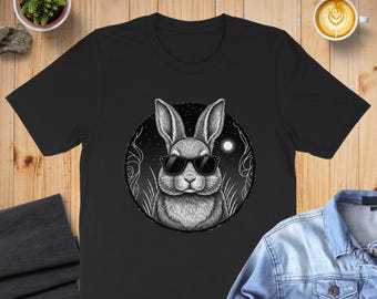 Sudadera o sudadera con capucha de conejo genial, camiseta de liebre con gafas de sol, camiseta divertida de animal, top gráfico de estudiante de conejito iluminado por la luna, idea de regalo única