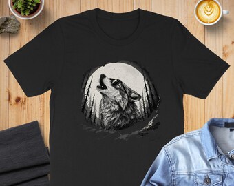 Sudadera o sudadera con capucha de lobo aullando, camiseta con gafas de sol, lobo, luna y bosque, camiseta para amantes de los animales, regalo genial de lobo, camiseta gráfica, camiseta de moda