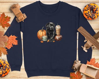 Sudadera con capucha para niño con bonito cachorro de labrador negro, diseño de calabaza, especias, café con leche, otoño, para amantes de los perros, ambiente acogedor otoñal, con diseño de cachorro de labrador y café.
