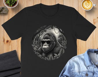 Sudadera o sudadera con capucha con gorila, gafas de sol, camiseta con arte de gorila de la jungla, camiseta para amantes de los animales, camiseta gráfica, camiseta de moda, idea de regalo salvaje