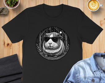 Sudadera o sudadera con capucha de conejillo de indias, divertida camiseta de animal, regalo para amantes de las mascotas, diseño de bosque nocturno, camiseta única de conejillo de indias en blanco y negro.