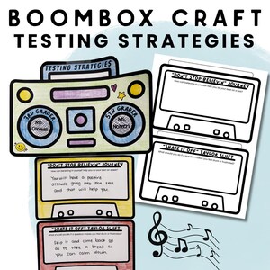 Könnte beinhalten: Bunte Illustration mit dem Text "BOOMBOX CRAFT TESTING STRATEGIES". Das Bild zeigt ein Boombox-Design mit den Labels "3rd Grader" und "5th Grader" sowie kassettenförmige Karten mit Text.