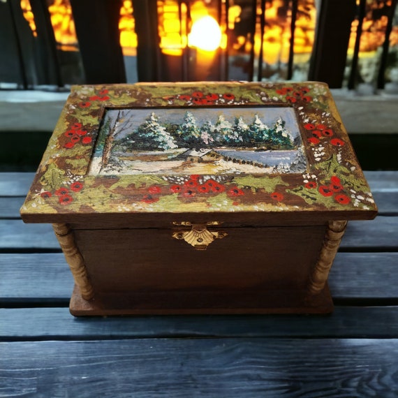 Vintage Hand-made and Hand-painted Wooden Christmas Jewelry/Trinket Box