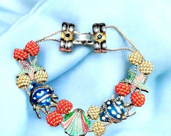 Vintage 70th enamel slider Angel Fish Starfish Shell bracelet
