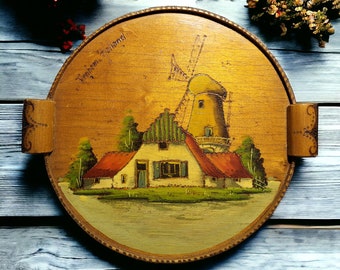 Handbemaltes holländisches Windmühlentablett aus Vintage-Holz.