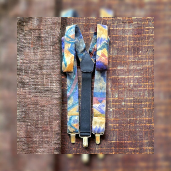 Pelican USA vintage suspenders abstract print adjustable one size fits all gold metal hardware 80's vintage men's vintage Supenders