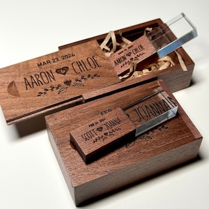 Engraved | Personalised Crystal USB Drive With Wooden Box | Wedding | Logo | Gift | Custom | 64GB 32GB 16GB USB 3.0