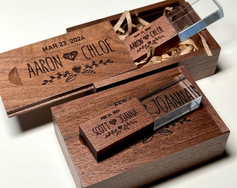 Engraved | Personalised Crystal USB Drive With Wooden Box | Wedding | Logo | Gift | Custom | 64GB 32GB 16GB USB 3.0