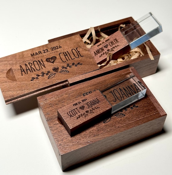 Engraved Crystal USB Drive With Wooden Box | Custom Logo, Wedding Gift | Personalised | 64GB 32GB 16GB (USB 3.0)