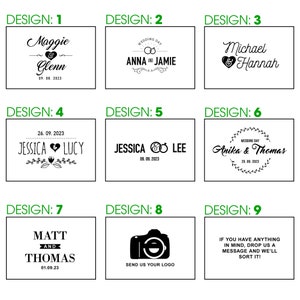 May include: Nine different wedding invitation designs with various fonts and styles. The designs feature names, dates, and wedding-related icons.