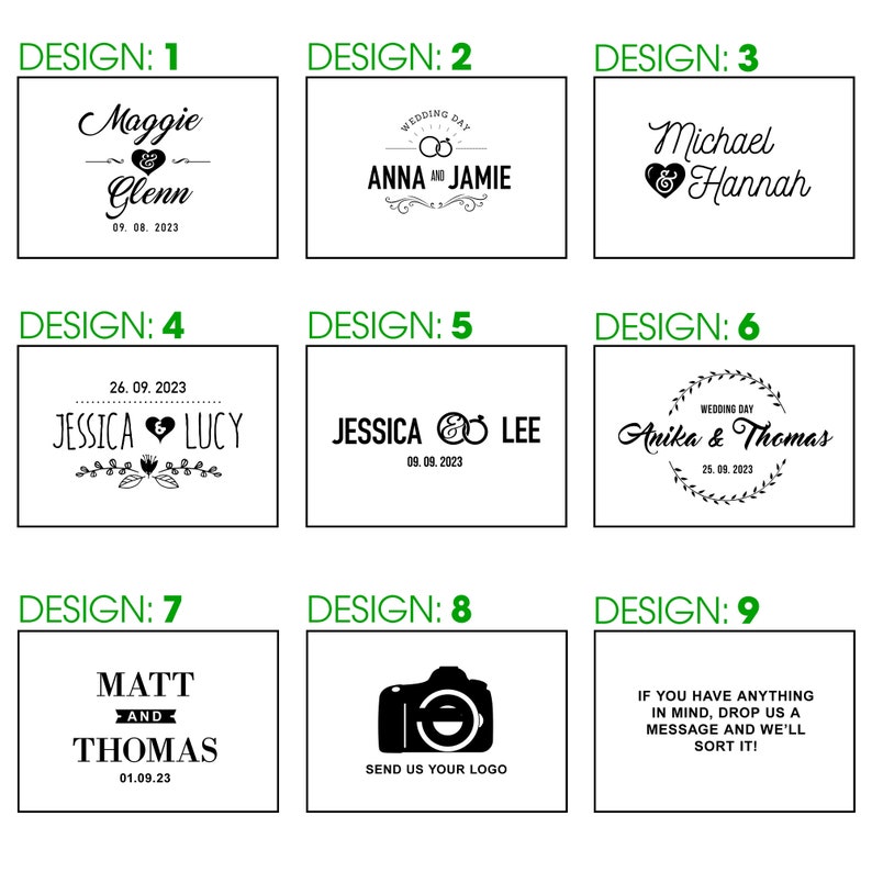 May include: Nine different wedding invitation designs with various fonts and styles. The designs feature names, dates, and wedding-related icons.