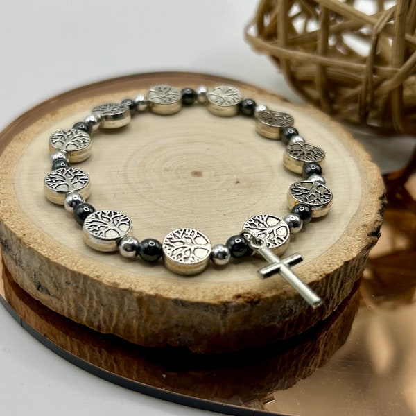 Bracelet Hématite et Arbre de Vie 17 cm