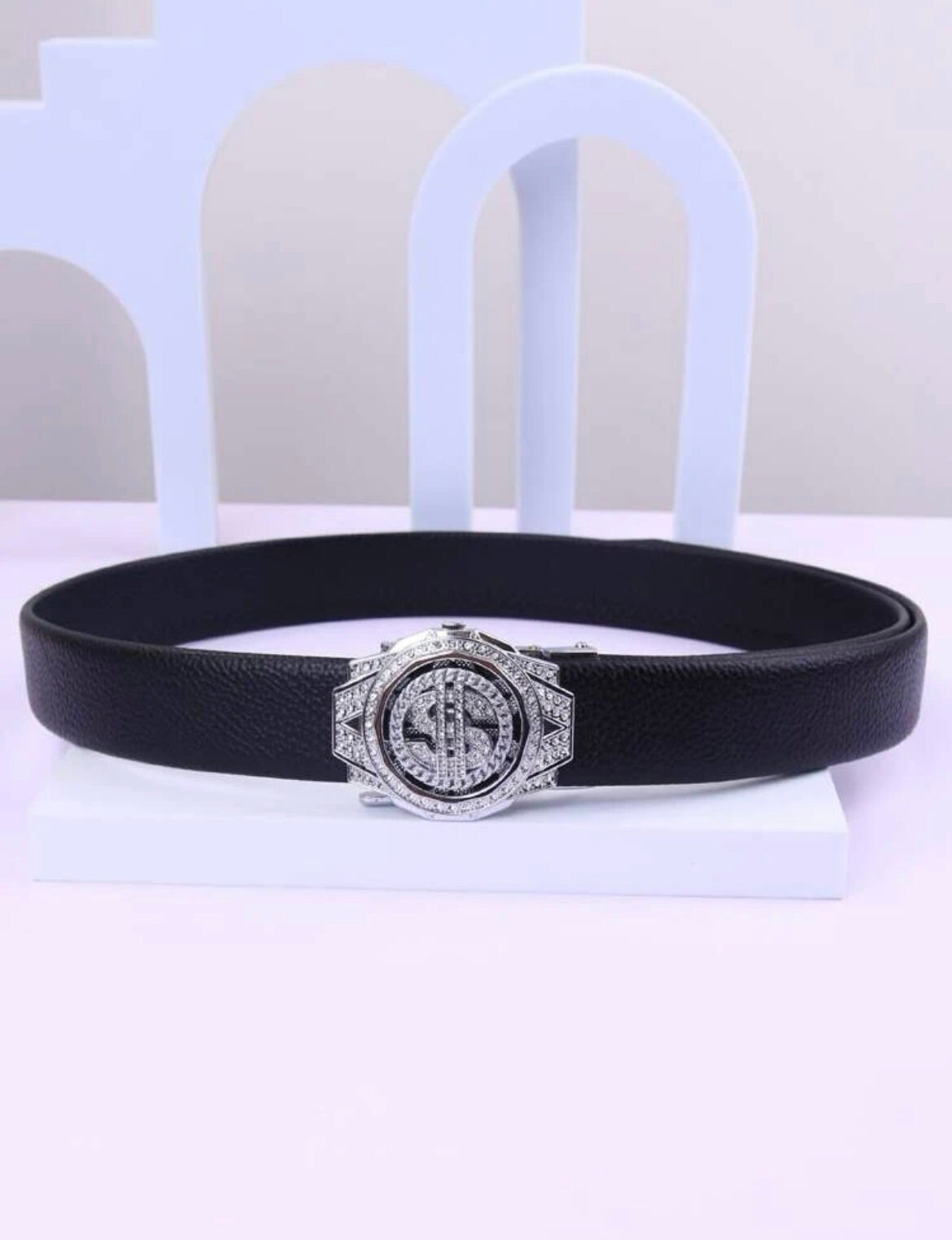 Men Litchi Embossed Automatic Buckle Belt