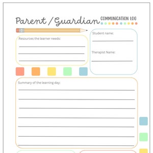 Puede incluir: Un registro de comunicación imprimible para padres y tutores para hacer un seguimiento del progreso de aprendizaje de su hijo. El registro incluye secciones para los recursos necesarios, un resumen del día de aprendizaje, los logros y las mejoras, y los comportamientos difíciles. El registro está decorado con un lápiz, cuadrados de colores y una línea punteada.