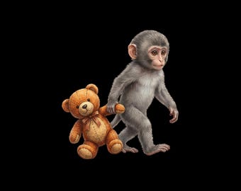 Mono bebé sosteniendo un oso de peluche (gráfico PNG) (Descarga digital)