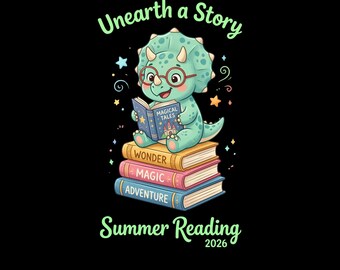 Dinosaurio leyendo PNG, diseño de lectura de verano "Descubre una historia" (descarga digital)