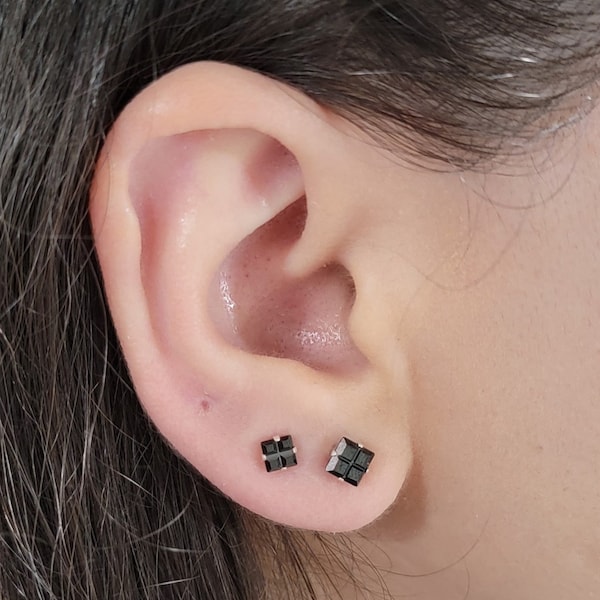Pair | Sterling Silver 925 Black Square CZ Invisible Cut Stud Earrings
