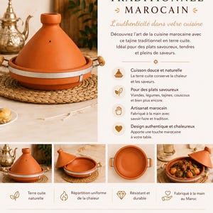May include: A terracotta tajine with a conical lid and a metal band around the base. The cooking vessel features two side handles and is shown in multiple views, including one filled with a cooked stew. Text on the image includes TAJINE TRADITIONNEL MAROCAIN.