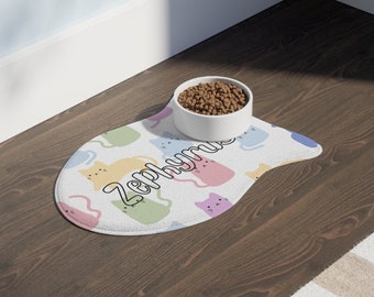 Custom Colorful Cats Fish Shaped Pet Feeding Mat, Custom Name Pet Placemat, Personalized Pet Feeding Mat, Custom Cat Gift, Cat Lover Gift