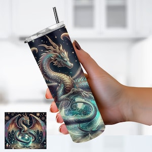 Vaso de dragón místico de 20 oz con tapa y pajita, Vaso de dragón de fantasía, Vaso de amante de dragones, Regalo para él, Regalo para marido, Regalo para ella