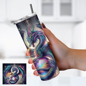 Vaso de dragón místico de 20 oz con tapa y pajita, Vaso de dragón de fantasía, Vaso de amante de dragones, Regalo para él, Regalo para marido, Regalo para ella