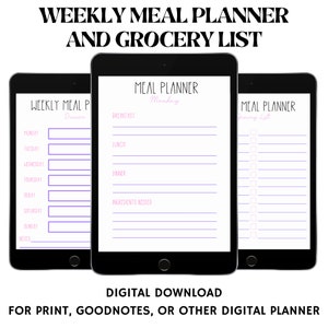 Weekly Meal Planner and Grocery List, Daily Meal Planner, Meal Tracker, Meal Prep Planner, Goodnotes Meal Planner