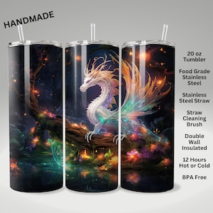 Enchanted Dragon Tumbler 20 oz with Lid and Straw, Fantasy Forest Dragon Tumbler, Dragon Lover Tumbler, Gift for Him, Husband Gift