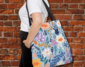 Blue Floral Tote Bag, Flower Lover Gift, Floral Purse, Reusable Carryall, Gift for Her, Cute Bookbag, Boho Handbag