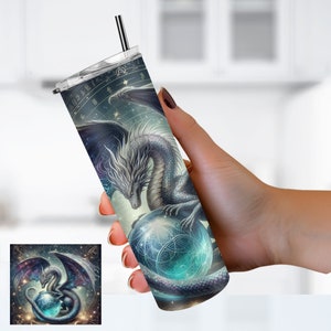 Vaso de dragón místico de 20 oz con tapa y pajita, Vaso de dragón de fantasía, Vaso de amante de dragones, Regalo para él, Regalo para marido, Regalo para ella