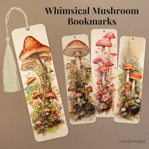 Whimsical Mushroom Metal Bookmarks with Tassels, Cottage Core Bookmark, Handmade & Unique Bookmark Gift, Kids Bookmarks, Single or Set of 4