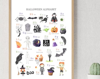 Peut inclure: Une affiche de l'alphabet d'Halloween colorée avec des illustrations de divers personnages et objets d'Halloween. L'affiche présente une sorcière, un vampire, un zombie, un squelette, un corbeau, un chat, une chauve-souris, une maison hantée, une citrouille, un chaudron, un flacon de poison, une plume, une momie, une araignée, un œil, une feuille, un cupcake, un maïs sucré, une main, une chauve-souris et une radiographie. L'affiche comprend également le texte "Halloween Alphabet" et "BOO".