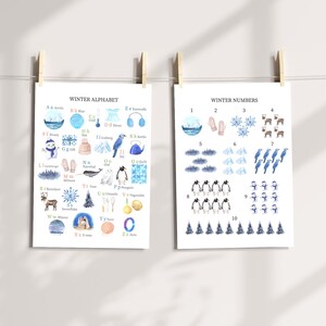 Pósteres de aprendizaje de invierno • Póster de números y alfabetos de invierno • ABC de invierno • Actividad de aprendizaje de invierno • Arte mural de invierno