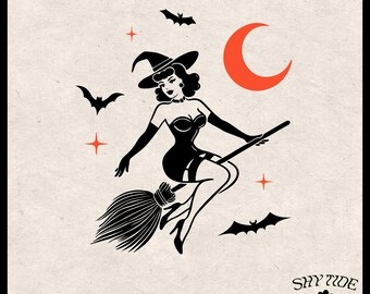 Clipart di strega volante retrò, clipart PNG di Halloween, SVG di Halloween per decorazioni spettrali, decorazioni vintage di Halloween