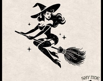 Strega retrò SVG PNG / Strega vintage volante / Clipart di Halloween / Illustrazione di strega con manico di scopa / Decorazioni di Halloween / Arte digitale di Halloween