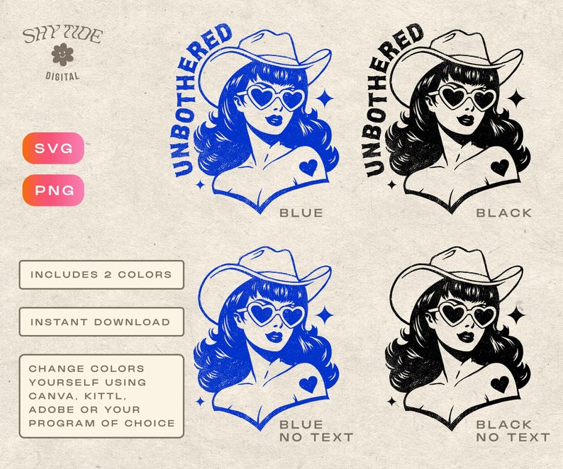 May include: A digital design featuring a woman with a cowboy hat and sunglasses. The text "Unbothered" is written in a retro style. The design is available in blue and black.