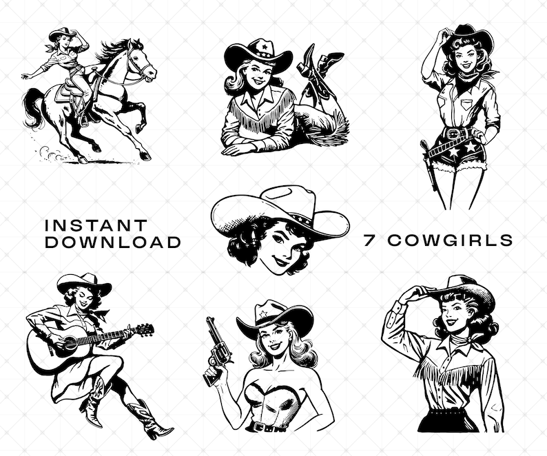 Retro Cowgirl SVG Bundle, Cowgirl Clipart, Vintage Western Cowgirl PNG
