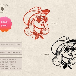 May include: A digital illustration of a woman wearing a red cowboy hat with a star, red heart-shaped sunglasses, and a red and white checkered bandana. The text "RED" is written in the upper right corner of the image.