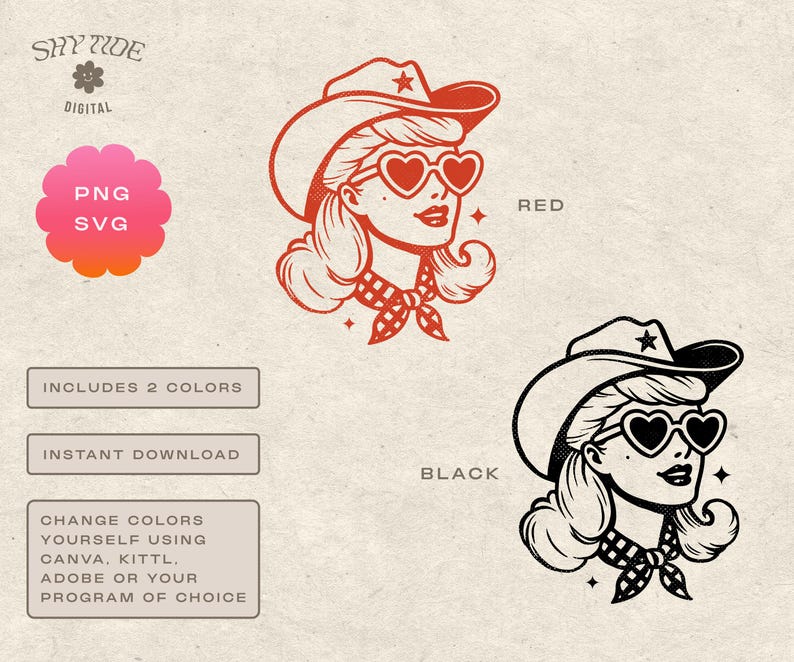 May include: A digital illustration of a woman wearing a red cowboy hat with a star, red heart-shaped sunglasses, and a red and white checkered bandana. The text "RED" is written in the upper right corner of the image.