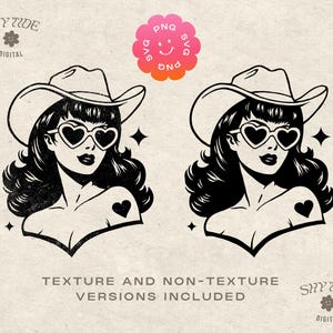 May include: Black and white illustration of a woman wearing a cowboy hat, sunglasses, and a heart tattoo. The image includes the text "SHY TIDE DIGITAL" and "PNG SVG".