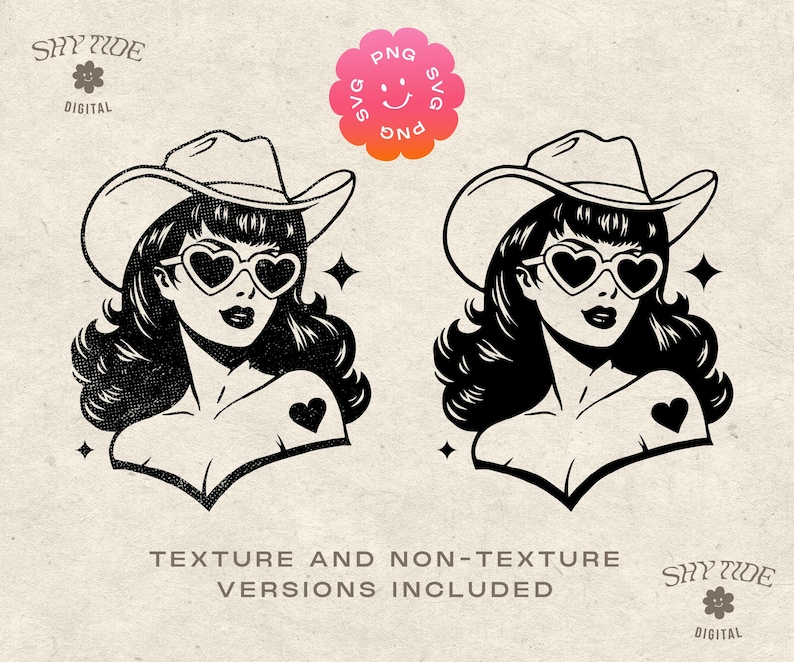 May include: Black and white illustration of a woman wearing a cowboy hat, sunglasses, and a heart tattoo. The image includes the text "SHY TIDE DIGITAL" and "PNG SVG".