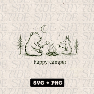 Happy Camper SVG PNG, Retro Camping Clipart, Cute Forest Animals, Campfire, Outdoors, Adventure, Trees, Digital Download