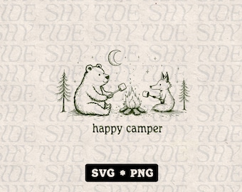 Happy Camper SVG PNG, Retro Camping Clipart, Cute Forest Animals, Campfire, Outdoors, Adventure, Trees, Digital Download