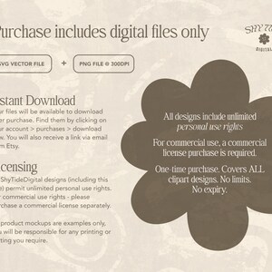 May include: A digital download graphic with the text "Purchase includes digital files only" and "Shy Tide Digital". The graphic includes information about the types of files included, instant download, licensing, and commercial use rights.