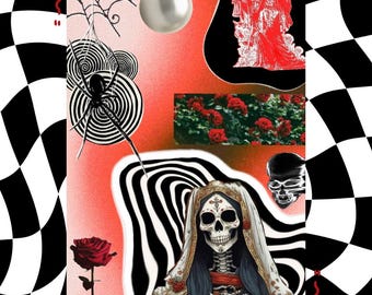 Arte mural digital imprimible tipo collage / Santa Muerte Arte moderno único de técnica mixta / Solaris Sanctum