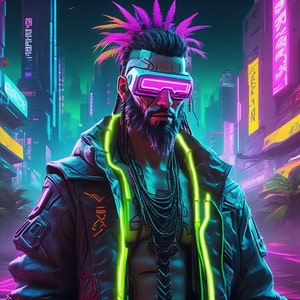 Könnte beinhalten: Ein Cyberpunk-Charakter mit Irokesenfrisur, neon-grünen Akzenten und einem pink-violetten Visier. Der Charakter trägt eine schwarze Lederjacke und eine Halskette mit einem Anhänger.