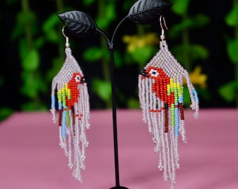 Huichol Beaded Parrot Earrings, Handmade Artisan Jewelry