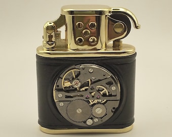 Reloj de pulsera Zorro 598 de cuero dorado y negro con mecanismo de relojería, encendedor, caja de regalo y piedras